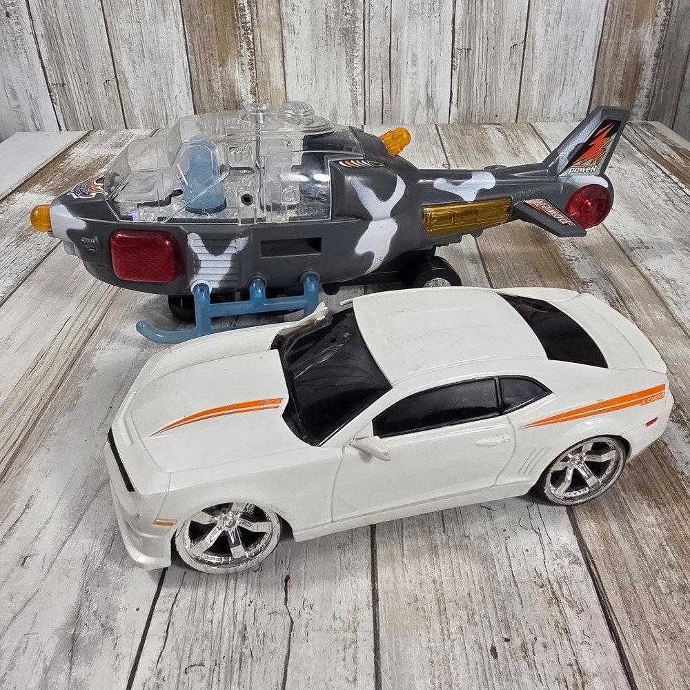 Toy Vehicle Lot White Chevy Camaro COPO and Grey Military Helicopter 2pc